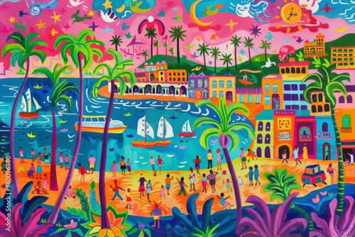 Vibrant Coastal Town with Palm Trees and Boats