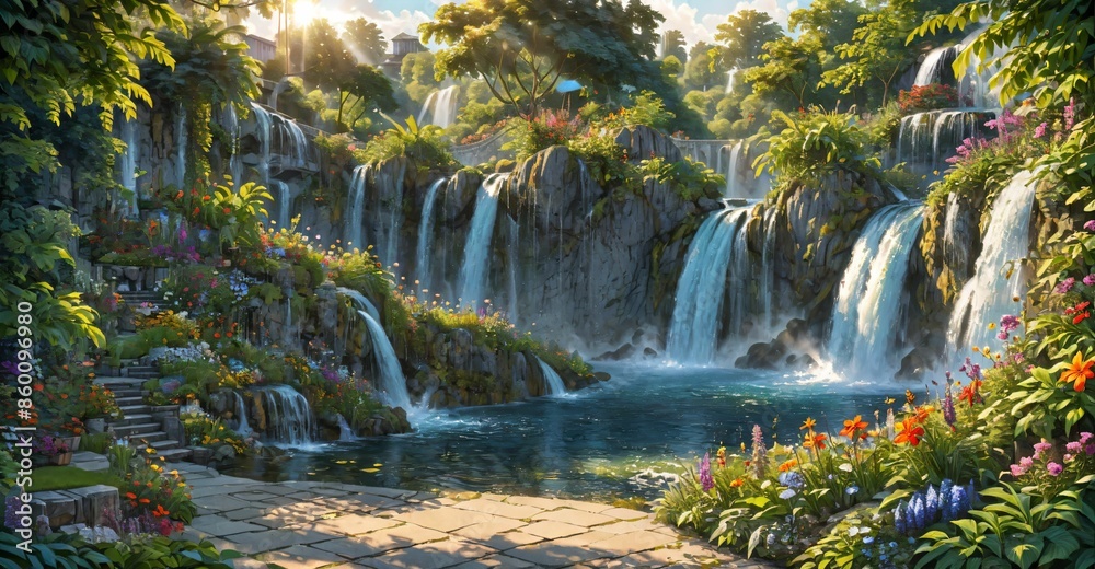 garden waterfall flowing river with flowers and tropical trees idyllic island paradise Eden landscape. garden waterfall flowing river with flowers and tropical trees idyllic island paradise Eden landscape.