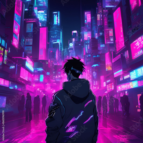 a man standing in the middle of a cyberpunk city at night