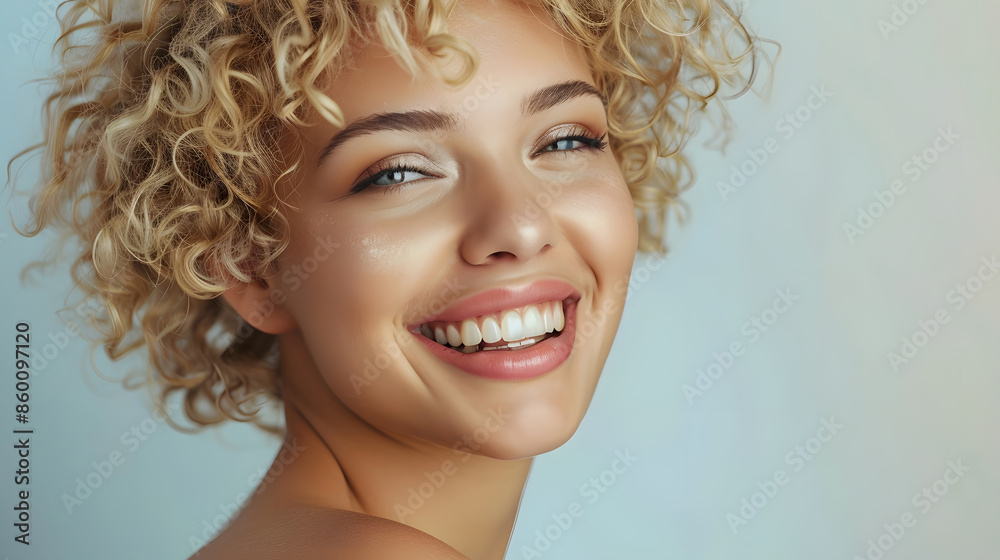 Beautiful model girl with short hair Beauty smiling woman with blonde curly hairstyle dye Fashion cosmetics and makeup : Generative AI Beautiful model girl with short hair Beauty smiling woman with blonde curly hairstyle dye Fashion cosmetics and makeup : Generative AI