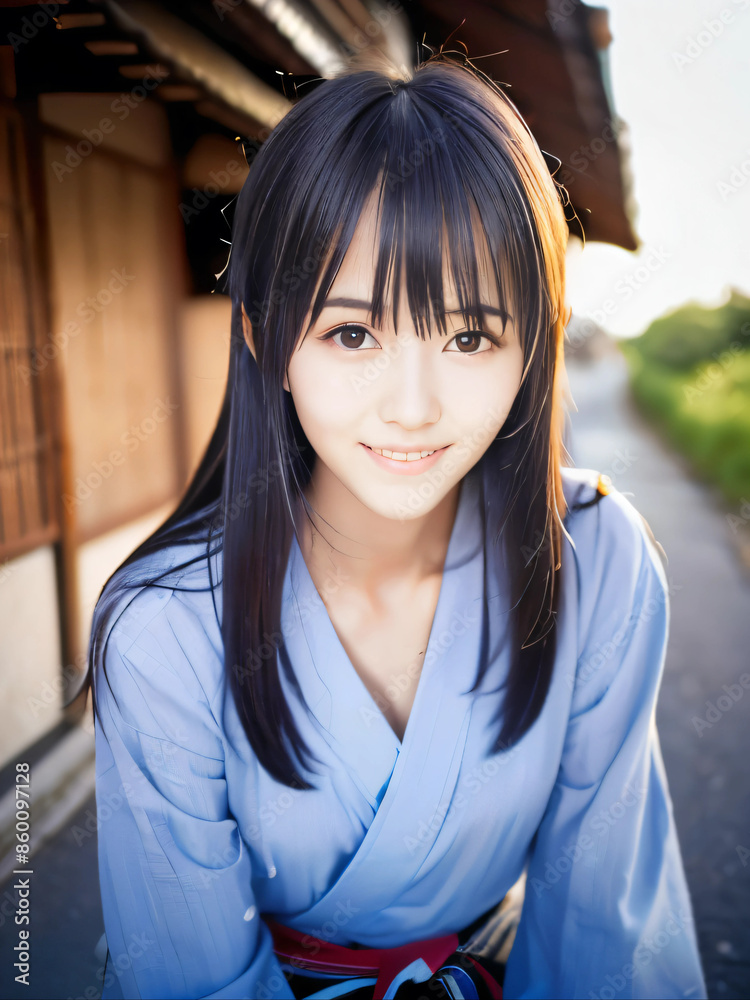 Fototapeta premium 夏祭りの夕暮れに浴衣を着た笑顔の若い女性