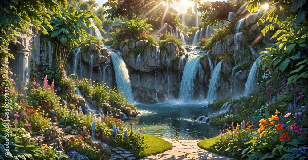 Fototapeta premium garden waterfall flowing river with flowers and tropical trees idyllic island paradise Eden landscape.