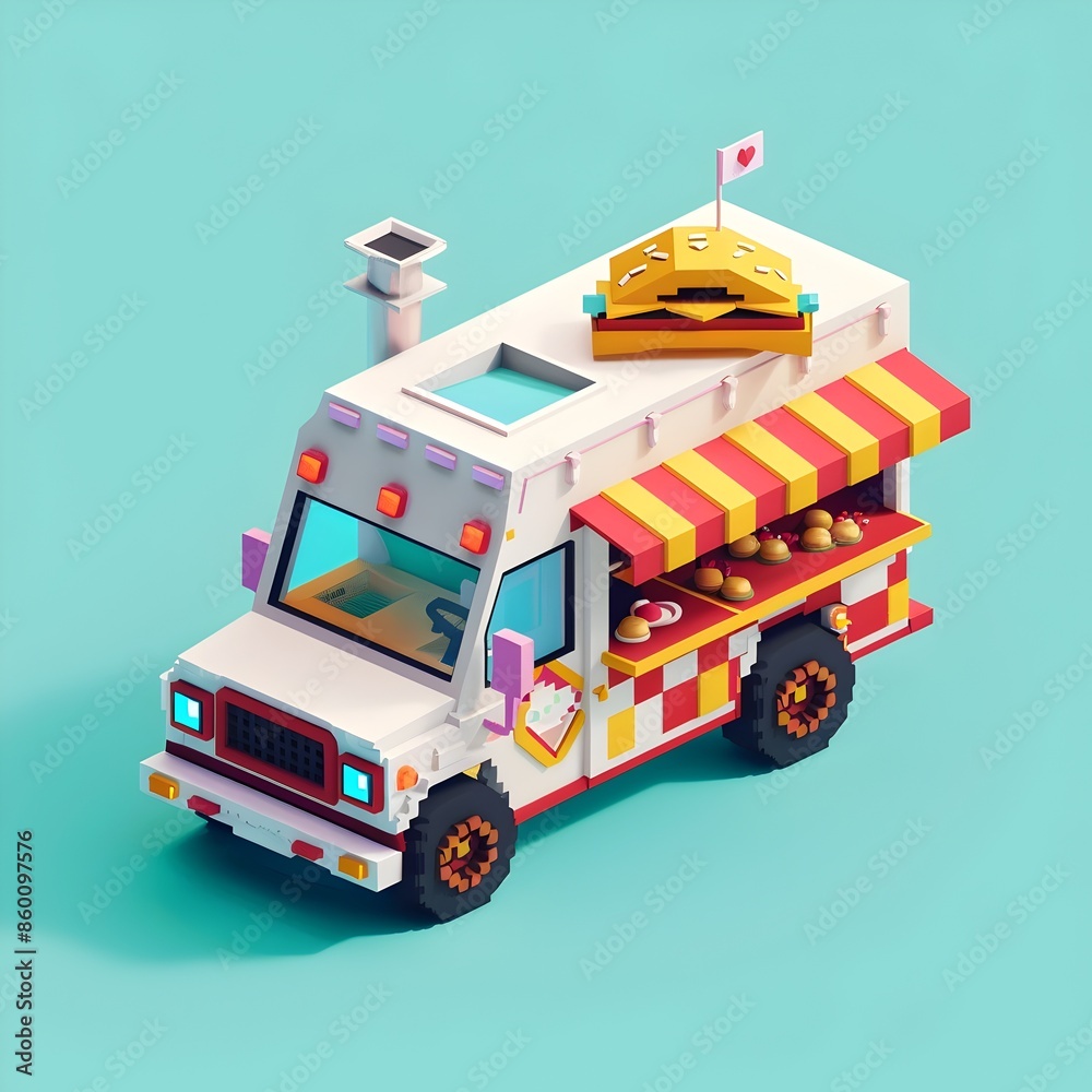 Obraz premium Colorful Isometric 3D Pixel Art Food Truck Vehicle on Vibrant Turquoise Background