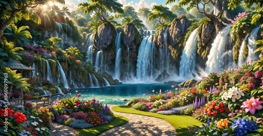 garden waterfall flowing river with flowers and tropical trees idyllic island paradise Eden landscape. garden waterfall flowing river with flowers and tropical trees idyllic island paradise Eden landscape.