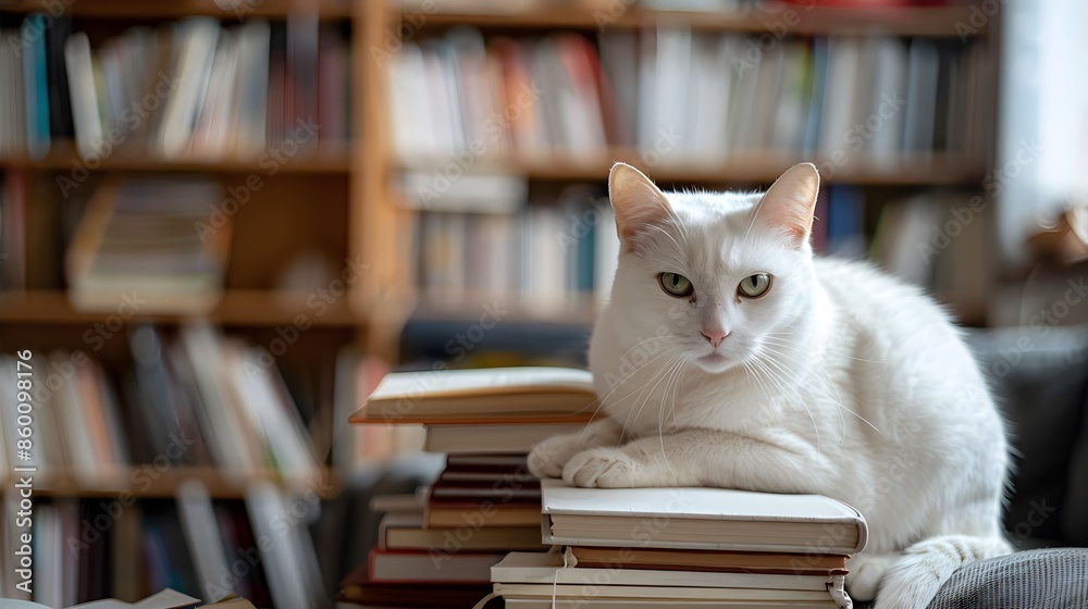white cat sitting on a pile of books on blurry living room background white cat sitting on a pile of books on blurry living room background