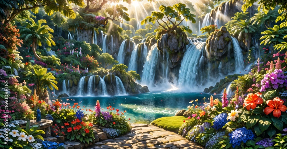 garden waterfall flowing river with flowers and tropical trees idyllic island paradise Eden landscape. garden waterfall flowing river with flowers and tropical trees idyllic island paradise Eden landscape.