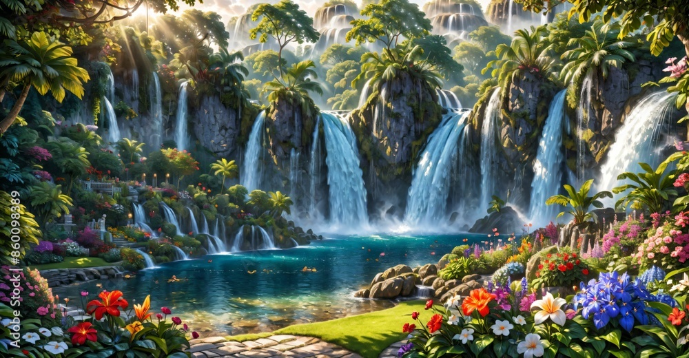 garden waterfall flowing river with flowers and tropical trees idyllic island paradise Eden landscape. garden waterfall flowing river with flowers and tropical trees idyllic island paradise Eden landscape.