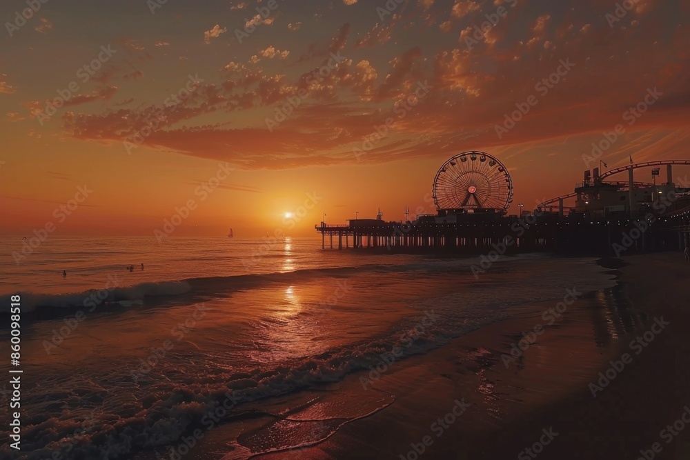 Obraz premium Timelapse of Santa Monica Pier at Sunset with Slice Effect