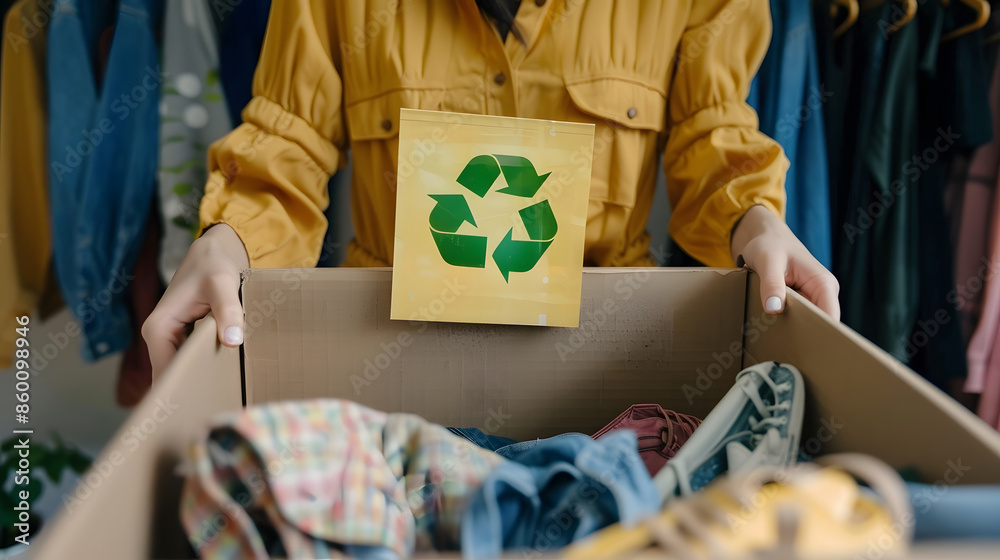 Woman packing box with used wardrobe and card with circular economy ...