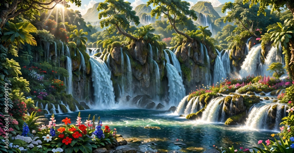 garden waterfall flowing river with flowers and tropical trees idyllic island paradise Eden landscape. garden waterfall flowing river with flowers and tropical trees idyllic island paradise Eden landscape.