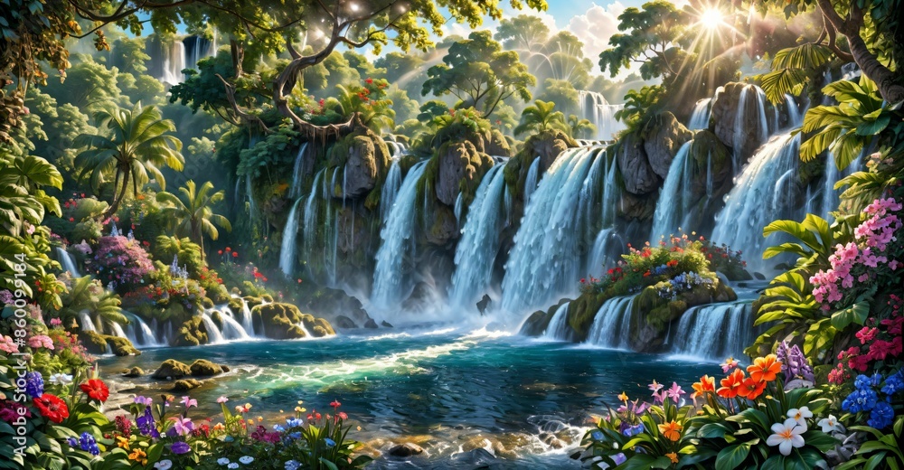 garden waterfall flowing river with flowers and tropical trees idyllic island paradise Eden landscape. garden waterfall flowing river with flowers and tropical trees idyllic island paradise Eden landscape.