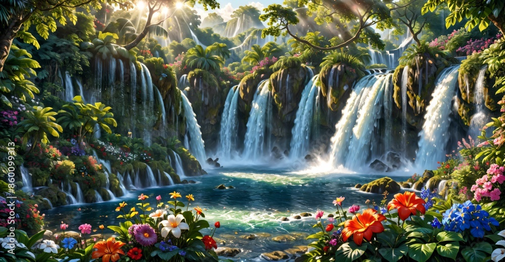 garden waterfall flowing river with flowers and tropical trees idyllic island paradise Eden landscape. garden waterfall flowing river with flowers and tropical trees idyllic island paradise Eden landscape.
