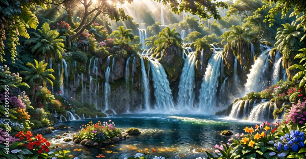 garden waterfall flowing river with flowers and tropical trees idyllic island paradise Eden landscape.