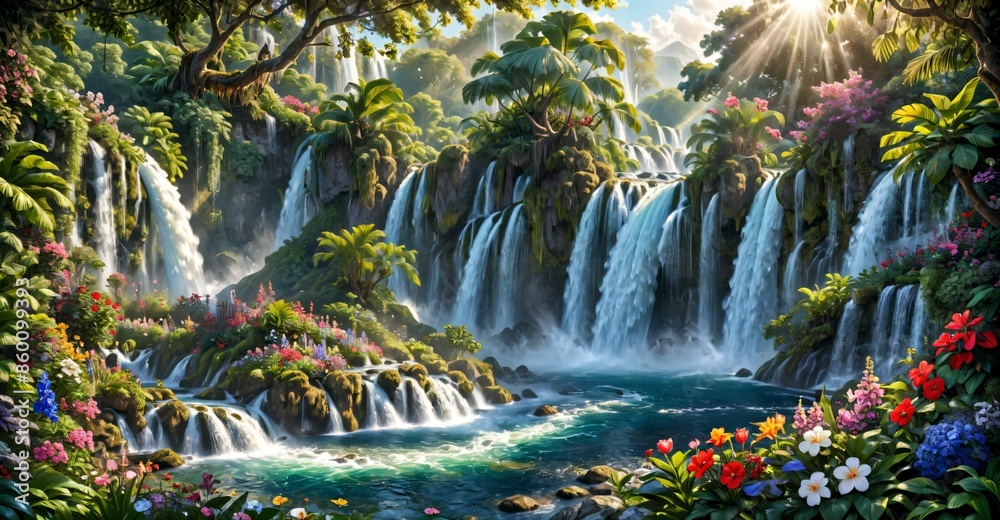 garden waterfall flowing river with flowers and tropical trees idyllic island paradise Eden landscape. garden waterfall flowing river with flowers and tropical trees idyllic island paradise Eden landscape.