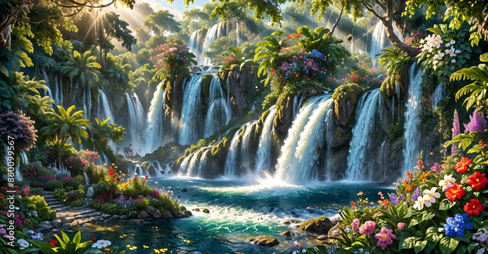 garden waterfall flowing river with flowers and tropical trees idyllic island paradise Eden landscape. garden waterfall flowing river with flowers and tropical trees idyllic island paradise Eden landscape.