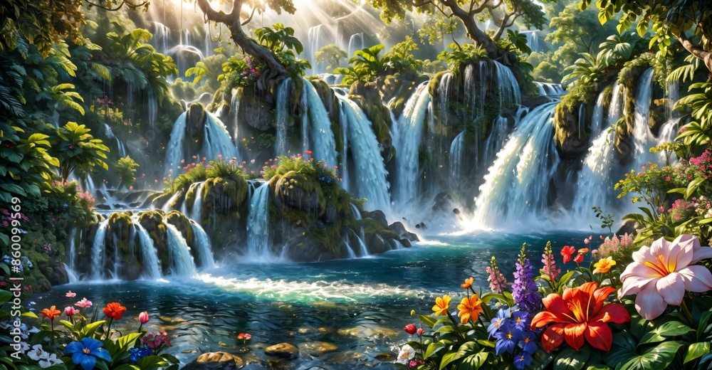 garden waterfall flowing river with flowers and tropical trees idyllic island paradise Eden landscape. garden waterfall flowing river with flowers and tropical trees idyllic island paradise Eden landscape.