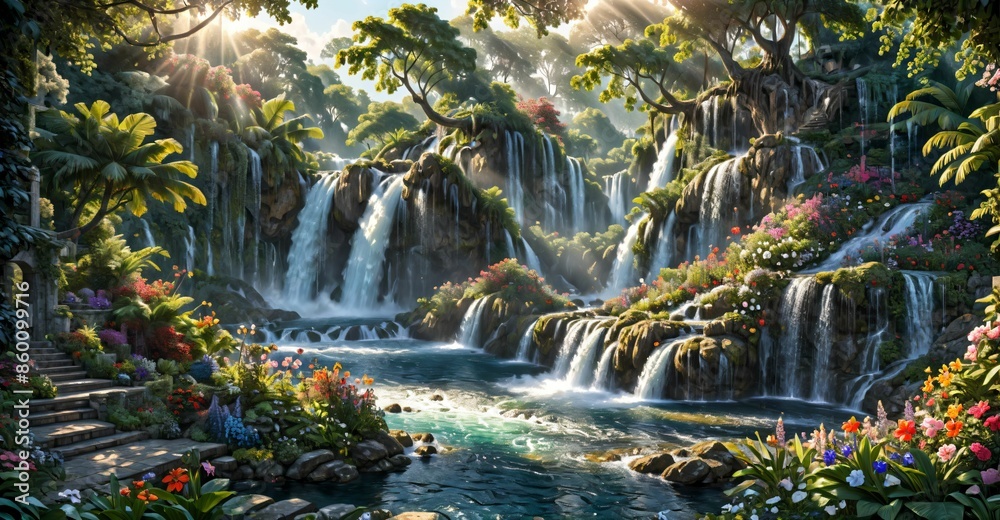 garden waterfall flowing river with flowers and tropical trees idyllic island paradise Eden landscape. garden waterfall flowing river with flowers and tropical trees idyllic island paradise Eden landscape.