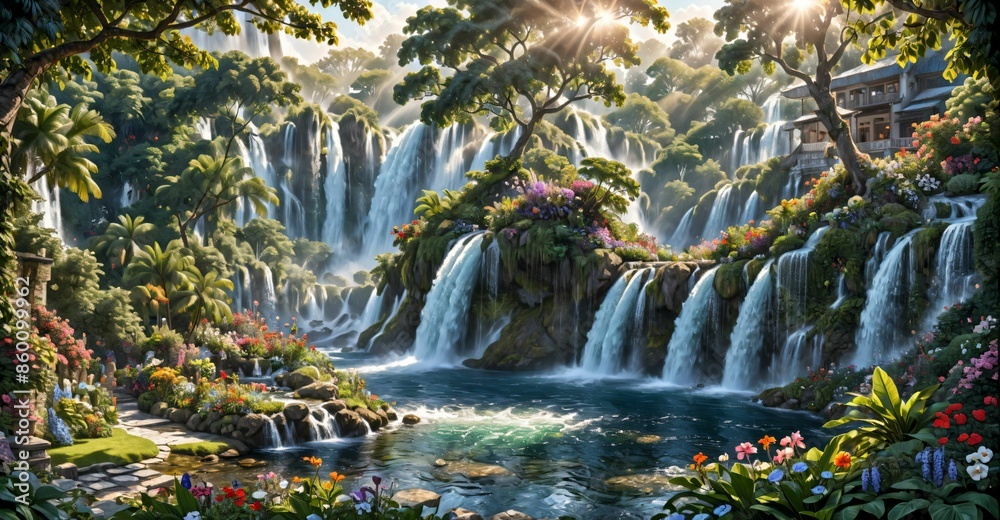 garden waterfall flowing river with flowers and tropical trees idyllic island paradise Eden landscape. garden waterfall flowing river with flowers and tropical trees idyllic island paradise Eden landscape.
