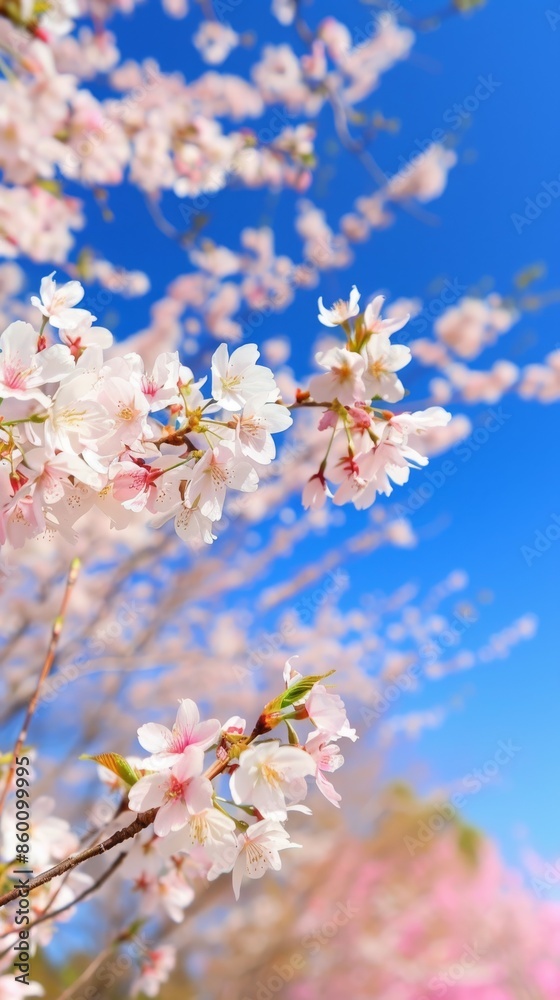 Delicate White Cherry Blossoms Blooming Against a Bright Blue Sky Delicate White Cherry Blossoms Blooming Against a Bright Blue Sky
