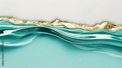 Mesmerizing tropical ocean waves, cracked aqua carnival glass, delicate kintsugi gold leaf, ebru dipped elegance, slight suminagahi influence, vibrant and detailed photo