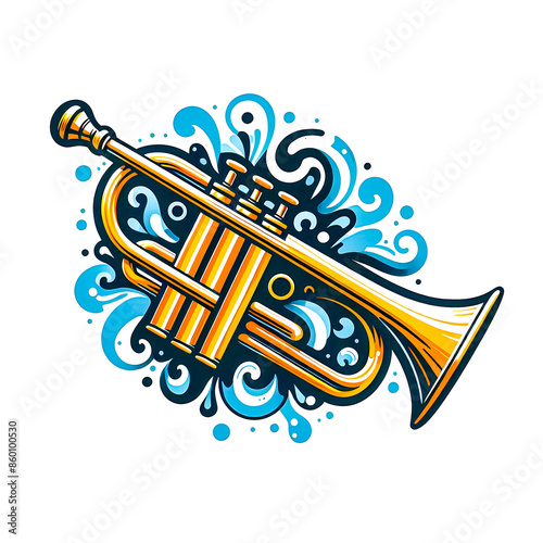 Vector illustration of a glowing yellow trumpet musical instrument on a white background, minimalist style. photo