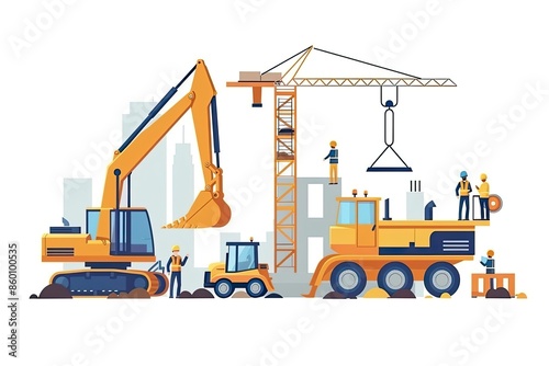 Illustration of Construction Site with Workers and Machinery photo