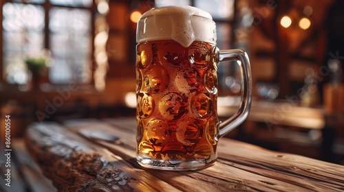 An inviting indoor scene featuring a beer mug filled with amber beer, resting on a polished wooden table. Cozy setting with warm lighting highlights comfort and relaxation.