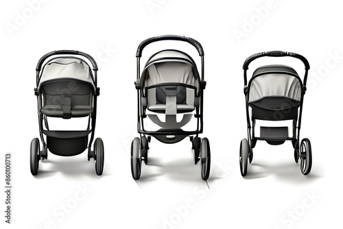 The image shows three black and gray baby strollers displayed in a row against a white background.  photo