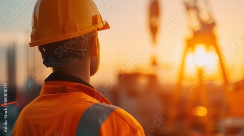 Construction Worker Observing Site at Sunset, Safety and Compliance photo