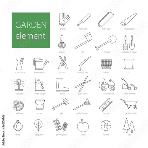 garden element, garden tools with simple line graphic and text