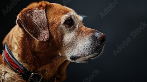 a dog with a dog collar looking at the camera