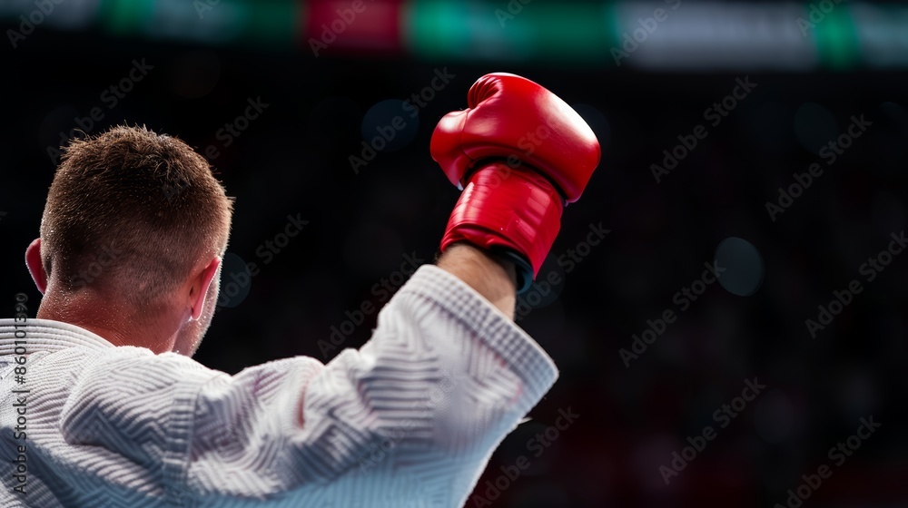Karate champion exults in victory, arms raised after Olympic win, electrifying atmosphere in the stadium, jubilant fans in the stands, a moment of pure triumph Karate champion exults in victory, arms raised after Olympic win, electrifying atmosphere in the stadium, jubilant fans in the stands, a moment of pure triumph