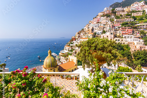 Aerial view of Positano on Amalfi Coast in Campania, Italy.