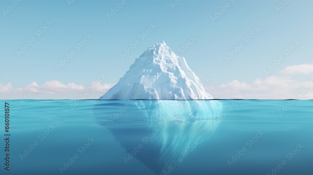 Majestic iceberg drifting in the ocean, vast majority submerged, illustrating nature's hidden wonders, serene blue waters, detailed textures, 8k Majestic iceberg drifting in the ocean, vast majority submerged, illustrating nature's hidden wonders, serene blue waters, detailed textures, 8k