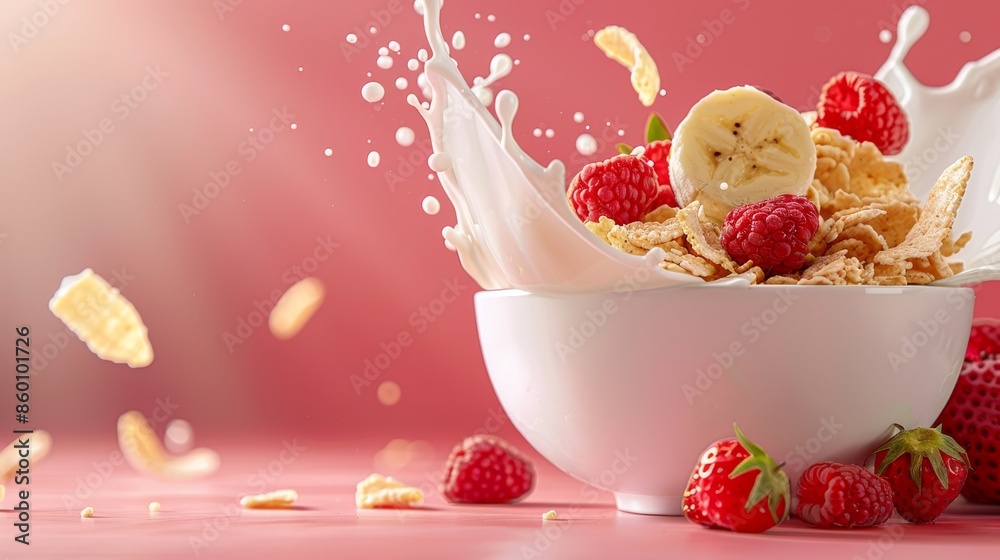 Fresh Banana, Strawberry, and Raspberry Cereal With Milk Splash Copyspace Fresh Banana, Strawberry, and Raspberry Cereal With Milk Splash Copyspace