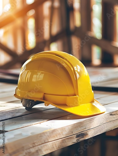 yellow helmet at construction site on wooden table, safety gear workers