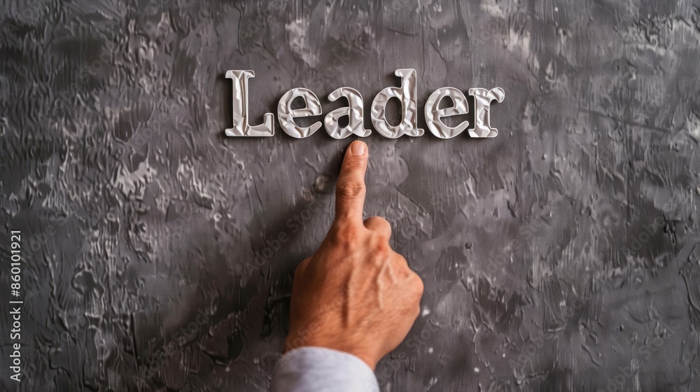 Concept of a human hand pointing at the word Leader spelled out in plastic letters on a dark gray paper background Concept of a human hand pointing at the word Leader spelled out in plastic letters on a dark gray paper background