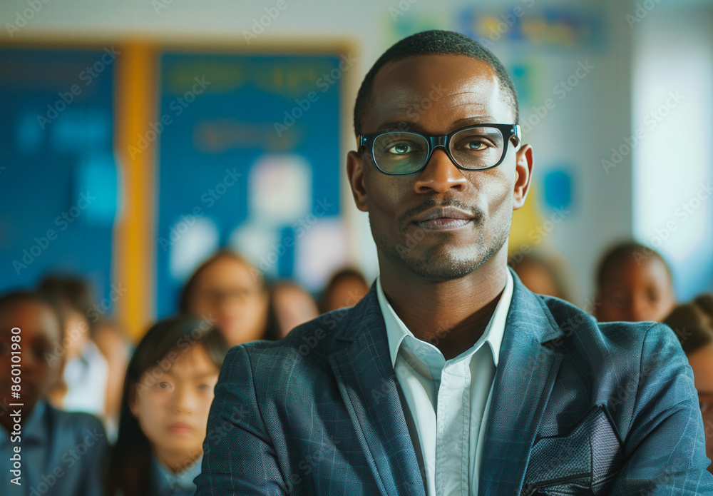 A man in a suit and glasses stands in front of a group of people A man in a suit and glasses stands in front of a group of people