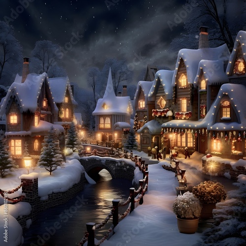 Winter night in the village. 3d rendering, 3d illustration.