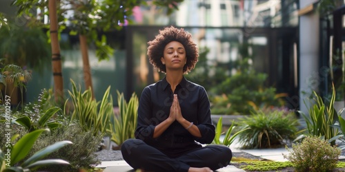 Fototapeta Naklejka Na Ścianę i Meble -  A young woman meditating in lotus pose, finding peace in nature.