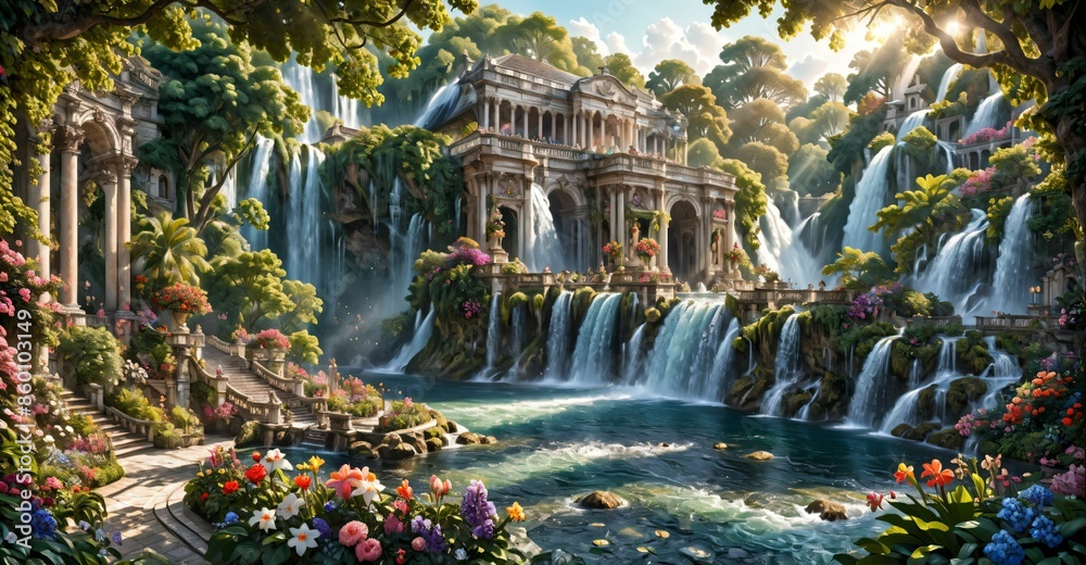 Obraz premium A beautiful paradise building land full of flowers, rivers and waterfalls, a blooming and magical idyllic Eden garden. Mountain ancient baroque architecture.