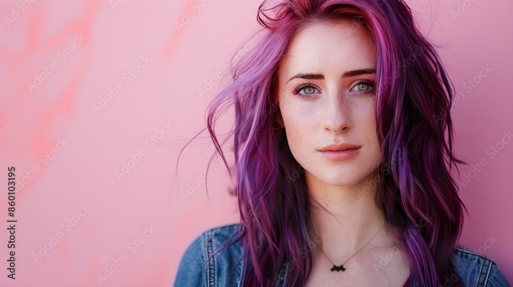Young Woman With Purple Hair in Front of a Pink Background Young Woman With Purple Hair in Front of a Pink Background