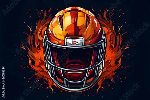 The helmets are detailed with bold colors and dramatic lighting, emphasizing their intensity. Flames and dynamic splashes add to the energy and competitive spirit of the scene. photo