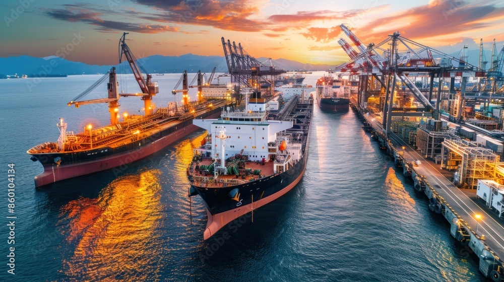 Ships Docked at a Busy Harbor at Sunset Ships Docked at a Busy Harbor at Sunset