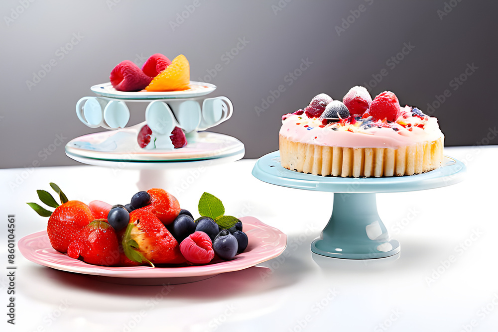 A collection of elegant cake platters in various shapes and sizes is arranged on a neutral background. A collection of elegant cake platters in various shapes and sizes is arranged on a neutral background.