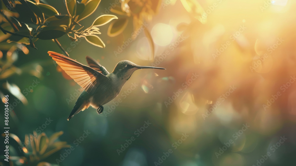 Naklejka premium A hummingbird is flying in the air, its wings flapping quickly.