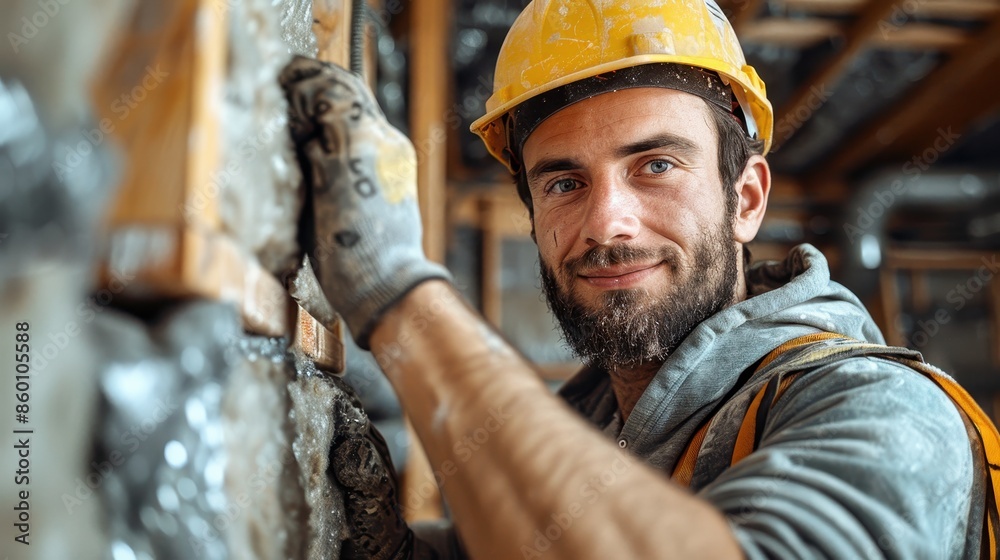 A smiling construction worker casually leans on a wall; his helmet and safety gear signify a break during a hard day’s work, portraying friendliness and determination. A smiling construction worker casually leans on a wall; his helmet and safety gear signify a break during a hard day’s work, portraying friendliness and determination.