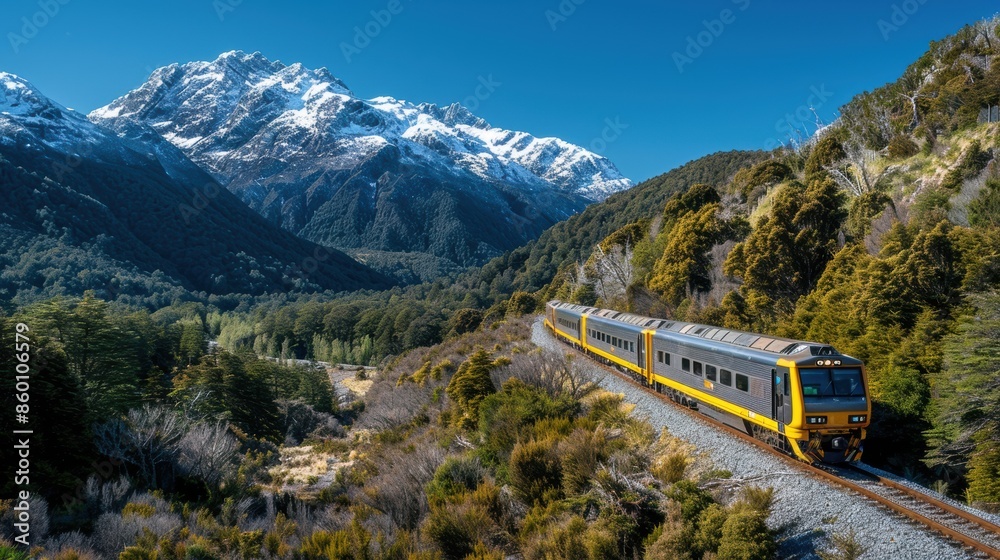 A mountain pass with a modern train winding through snowy peaks and lush forests, under a clear blue sky A mountain pass with a modern train winding through snowy peaks and lush forests, under a clear blue sky