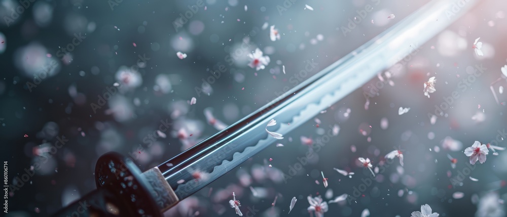 Close-up of a katana blade with delicate cherry blossom petals falling around it, evoking a sense of tradition and serenity.