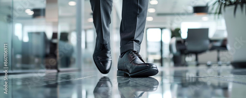 A closeup shot of the feet and shoes from an office worker walking in business attire, with modern glass walls in the background